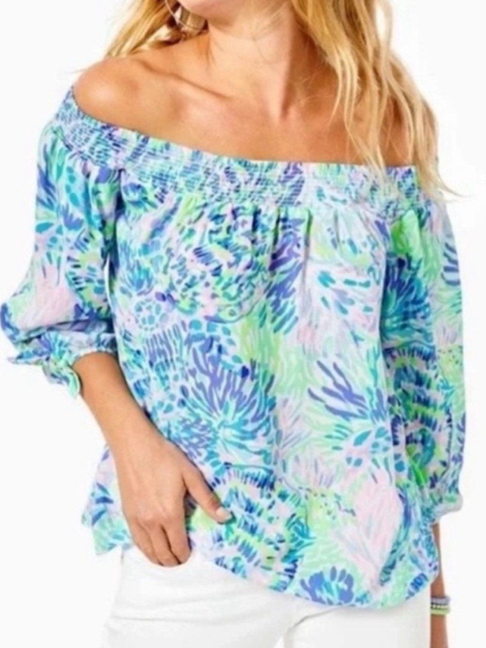 LILLY PULITZER Maryellen Off the Shoulder Top in Multi Shell of a Party - XL